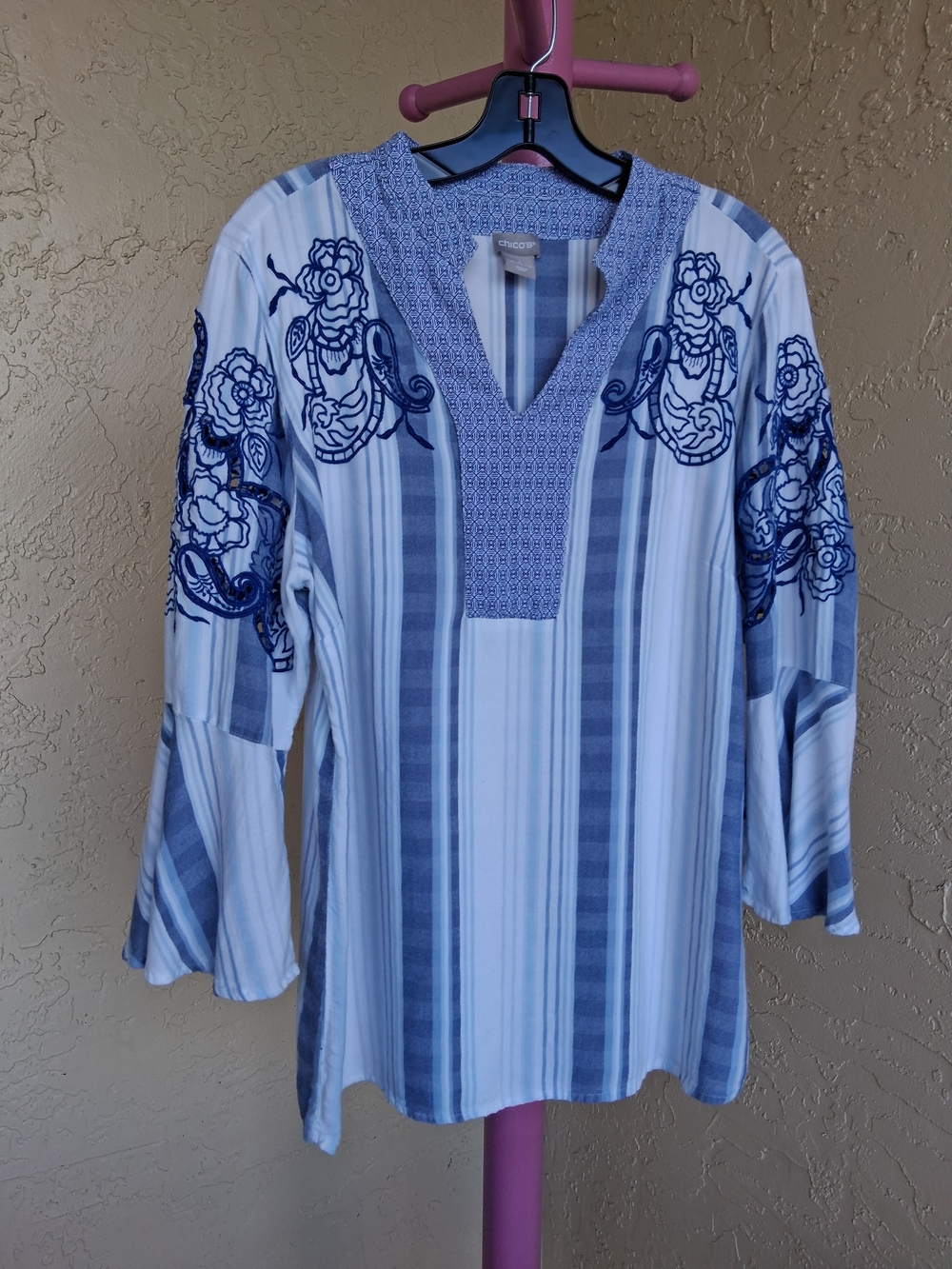 Chico's Blue & White Striped Embroidered V-Neck Tunic